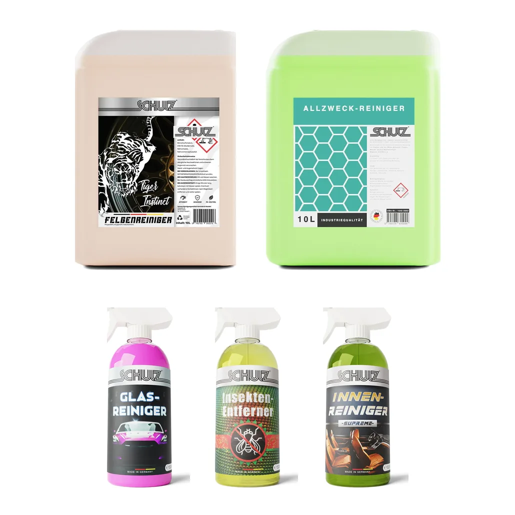 Werkstatt-Set Komplett von Schulz: Tiger Instinct Felgenreiniger und Allzweckreiniger als 10-Liter-Kanister, darunter Auto-Glasreiniger, Insektenentferner Citrus und Supreme Innenreiniger in 500-ml-Flaschen